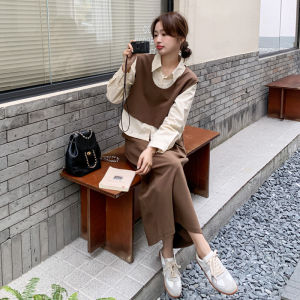 Korean Style Fashion Set Womens Autumn 2025 New Casual Vest Shirt Half Skirt Three-piece Set Cotton Material Adult Use