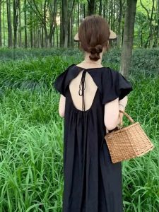 Special Offer Small French round Neck Dress Back Hollow out Tied Design Loose-Fitting Mid-Length Dress