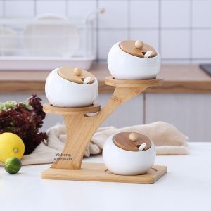 Creative Ceramic Kitchen Storage Jar Set Seasoning Box Salt Pot Seasoning Bottle Home Use Three Pieces Set Kitchen Supplies