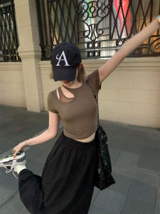 Slim Fit Hollow out Short Sleeve T-Shirt Womens Summer New Style False Two-Piece round Neck Top Comfortable Viscose Fabric