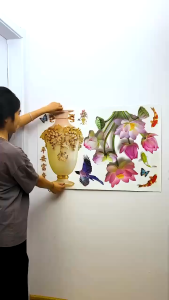 decal trandg trí dán tường bình hoa sen cá chim
