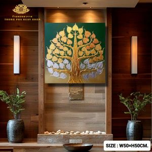 ภาพต้นโพธิ์เงินทองนาค พื้นสีเขียวทอง ขนาดW50H50Cm รูปภาพมงคล ภาพติดผนัง ภาพติดร้านนวดสปา ภาพหิ้งพระ