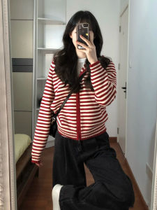 Red Contrast Color Hooded Striped Knitted Open Cardigan Womens Loose Casual Long Sleeve Top Versatile Outerwear
