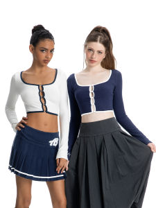 เสื้อคาร์ดิแกนคอเหลี่ยมแขนยาวทรงสลิมฟิต ABMY ทรงเข้ารูปเอวสูง สไตล์วิทยาลัย ปิดด้วยกระดุม สีบล็อก ทรงสลิมฟิต