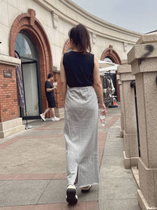 Grey Cotton High Waist A-Line Skirt Womens Spring Autumn Casual plus Size Fat MM Drawstring Elastic Waist Hip Cover Long Skirt