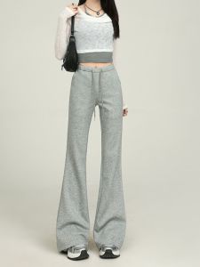 กางเกงขายาวทรงหลวมสีเทาสไตล์ย้อนยุคสไตล์อเมริกัน กางเกงขายาวทรงยูจีนสีเทา กางเกงขายาวทรงหลวมสบาย ๆ สำหรับออกกำลังกาย