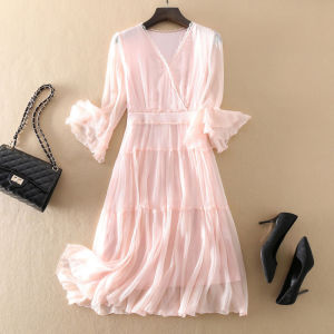 XMO | Elegant Lady Style Pure Color V-Neck Silk Dress Flared Sleeves Mid-Length