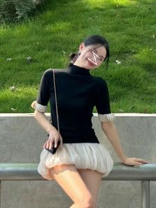 Slim Fit Half High Collar Patchwork round Piece mid Sleeve Flower Bud Half Skirt Short Erosi Small Fragrance Style Spring Dress