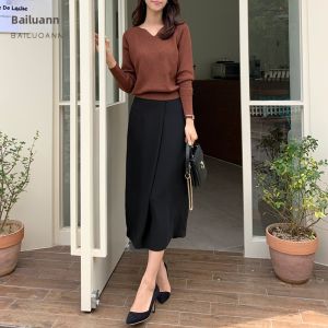 BAILUOANN | Slimming High Waist Midi Skirt For Women Commute Fashion Autumn New Style Simple Over Knee Pure Color Long Skirts