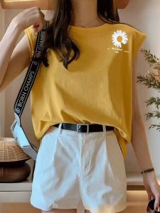 เสื้อกั๊กสปอร์ตแขนกุดพิมพ์ลายดอกกุหลาบสไตล์อเมริกันสำหรับฤดูร้อน ทรงหลวม ผ้าโพลีเอสเตอร์ผสมผ้าฝ้าย สำหรับผู้หญิง