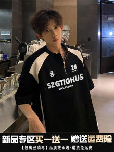 Patchwork Design Motorcycle Style Half Zip T-Shirt Mens Spring Summer New Heavyweight Short Sleeve Loose Fit Breathable Cotton