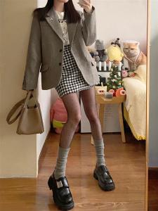 กระโปรงสั้นทรงเอผ้าขนสัตว์ลายหางกุ้งกิ้งยูนิเซ็กซ์ ทรงเข้ารูปเอวสูง ช่วงฤดูใบไม้ผลิและฤดูใบไม้ร่วง กระโปรงสั้นลายกุ้งกิ้งยูนิเซ็กซ์