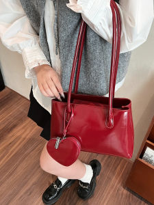 Retro Korean Red Wax Leather Tote Bag Womens Autumn Winter New Style Fashion Wedding Single Shoulder Bag Casual Simple Style