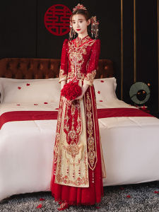 Elegant Thin Chinese Style Wedding Dress XiuHuoFu for Bride 2025 New Arrival Polyester Fiber Embroidered Straight Collar