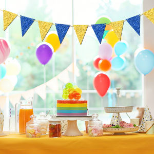 YOMDID Glitter Blue Gold Banner Pennant Flag Garland Party Wall Hanging Decor for Birthday Wedding Anniversary Sports Event