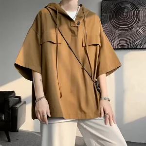 Áo Sơ Mi Có Mũ Trùm Đầu Nam Mùa Hè Hàn Quốc Áo Chui Đầu Nửa Tay Hip Hop Dáng Rộng Top Casual Dạo Phố Dây Rút M-5XL Nhiều Màu Sắc