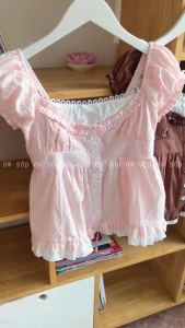 Hồng/ Nâu phối Trắng Áo babydoll cổ vuông viền bèo ren gài nút tay ngắn bồng lưng bo chun dây cột siêu dễ thương BABI TOP