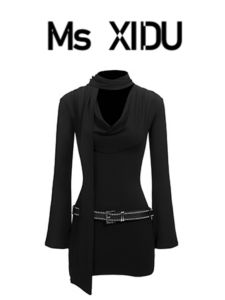 Ms XIDU Phong Cách Hàn Quốc Tay Dài Đầm Nữ Ôm Vừa Vặn Váy Ngắn Cổ Chữ V Màu Trơn Mùa Thu Mùa Vòng Eo Cinched Bó Sát Đầm