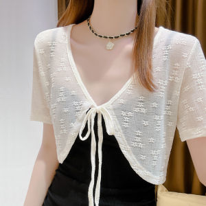 Lace Shawl Summer Thin Strap Ice Silk Sun Protection Short Sleeve Open Cardigan Womens Fashionable Korean Style Slim Fit Top