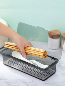 Kitchen Plastic Storage Box with Lid for Chopsticks Spoons Forks Dustproof Draining Home Use Rack for Cutlery Organization
