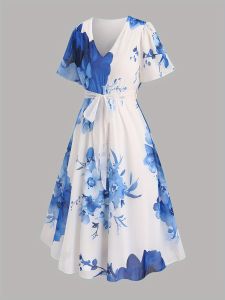Plus Size Womens Vintage Floral Art Print V-Neck Elegant and Chic Short Sleeve Flowing Midi Dress