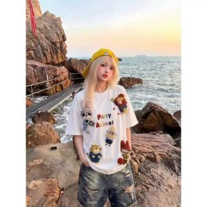 FLICBS | Plus Size 300 Pounds Korean Style Cartoon Short Sleeve Cotton T-Shirt With 3D Decoration