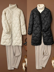 แจ็คเก็ตขนเป็ดน้ำหนักเบาสำหรับผู้หญิง ทรงยาวปานกลาง คอตั้ง แขนยาว ปกติ แจ็คเก็ตขนเป็ดสไตล์เกาหลี แจ็คเก็ตขนเป็ดแบบมีฮู้ด