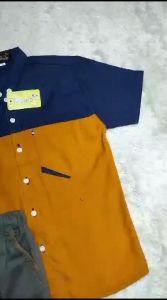 Stelan Kemeja Anak Laki-Laki Usia 0-12 Tahun & Celana Warna Mustard/Navy