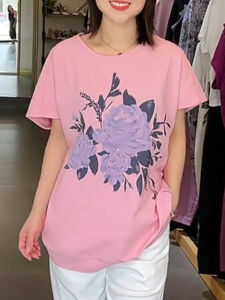 UYFY | Pink Round Neck Printed Short Sleeve T-Shirt Womens Loose Slimming Summer New Style Casual Versatile Top Comfortable Breathable