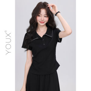 Slimming Polo Collar T-shirt A-Line Skirt Outfit