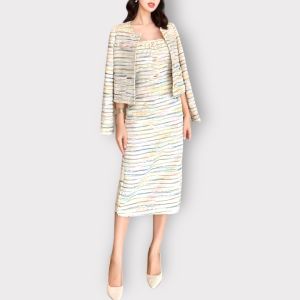 3 Piece Loong Sleeve Button Down Spaghetti Crop Tweed and High Waist Slit Back Skirt Set - PIMNADACLOSET