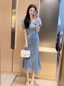 ชุดเดรสคอเหลี่ยมแขนสั้นสไตล์ฝรั่งเศส กระโปรงทรงหางปลาเอวสูง กระโปรงทรงเอ ชุดทำงานฤดูร้อน สไตล์เกาหลี