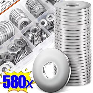 580PCS Flat Stainless Steel Washer 304 Metal O-Ring Washer Kit Classification Kit Suitable for Car Fixing Fastener Parts Repair M2 M2.5 M3 M4 M4 M5 M6 M8 M10 M12