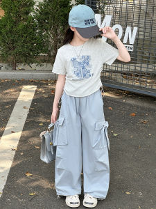 Girls Summer Short Sleeve T-Shirt Wide Leg Workwear Pants 9 Piece Set Trendy Korean Style Childrens Clothing Ensemble