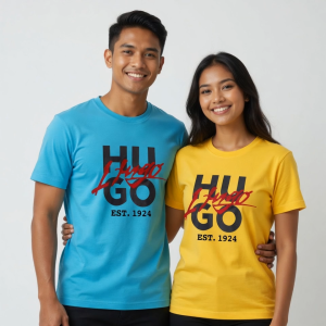 Hugo Boss T-shirts for couples. White and yellow. Black and red logo. Casual wear. Pair for matching outfits.
