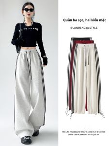 Miiow | Casual Striped Pants Womens Two-Way Commute Sports Loose Wide Leg Trousers Comfortable High Waist Long Cotton Polyester Blend