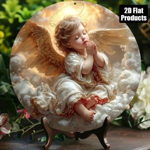 CIFbuy | Vintage 8x8in Round Angel Baby Metal Sign Gold Wings Kitchen Wall Decor