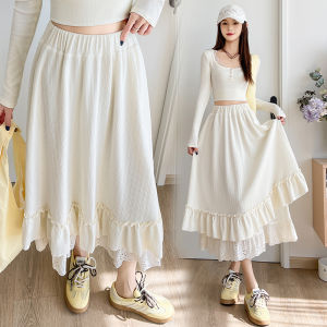 French Style Gentle High Waist A-Line Skirt Lace Paneling False Two-Piece Womens Spring Autumn Soft Wind Bell Bottom Skirt