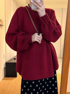Korean Design Accordion Pleat Lantern Sleeve Knit Sweater Womens Autumn Winter Thickened round Neck Loose Versatile Top Trendy