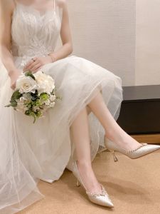 Chinese Style Wedding Shoes Womens 2024 New Diamond Embellished High Heels Comfortable Pu Material Sharp Pointed Toe Shoes
