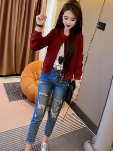 Patchwork Color Block Baseball Jacket Sweatshirt Women Loose Fashion Red Small Pure Cotton Top Street Style Long Sleeve round Neck
