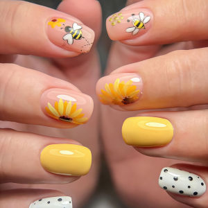 Short Square fake nails for women girls yellow white pink Spring summer flowers bees with polka dots full cover press on nail