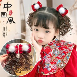 Chinese Style Red Baby Girls Bowknot Wig Hair Clips Lattice Pattern Bow Hair Accessories Hairpins Hairgrips Ornament For Kids
