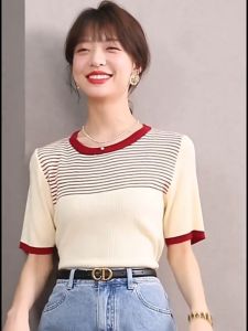Korean Style Casual Striped Colorblock Round Neck Knit slim  short-sleeved  Top for Women Blouses Women New Style  F1148