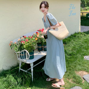 French Style Long Dress Womens Summer A-Line Skirt Bubble Sleeve Beautiful Blue Forest System Dandelion Design Sense Sweet Girl