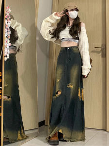 plus Size Autumn Winter Vintage Loose Fashionable Torn Denim Asymmetrical Floor-Length Skirt for plus Size Women