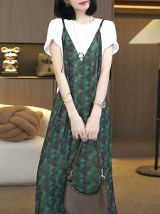 Shalldoer | Váy dài vừa phải in họa tiết thời trang cổ điển dành cho nữ mùa hè mỏng thon gọn váy chữ A cạp cao không tay cổ tròn