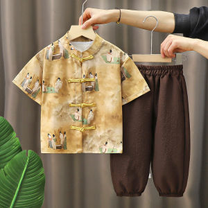 Barababa Boys Traditional Chinese Style Outfit Summer Short Sleeve Seven-Piece Set Fashionable Baby Hanfu Clothing Set