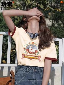 Pure Cotton Womens T-Shirt Spring Summer Loose Casual Chic Sweet And Spicy Color Block Street Style Short Sleeve round Neck