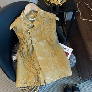 PAIBOLI | Womens Summer New Chinese Style Pearl Button Tassel Sleeveless Shirt Vest Large Size Embroidered Stand Collar Shoulder Pad Top